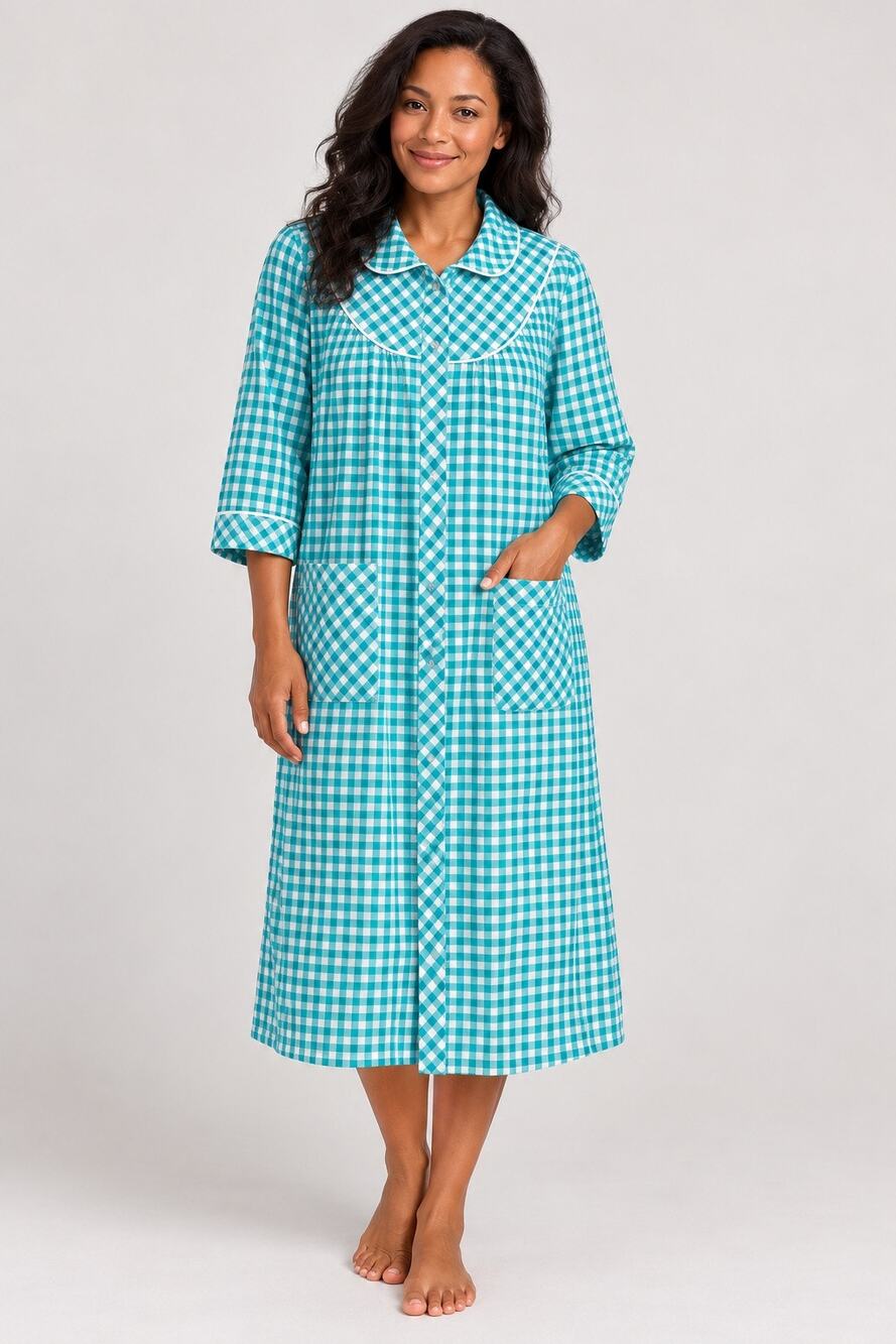 Medium Classic Gingham Plaid Snap Front House Dress Robe Nightgown NWT